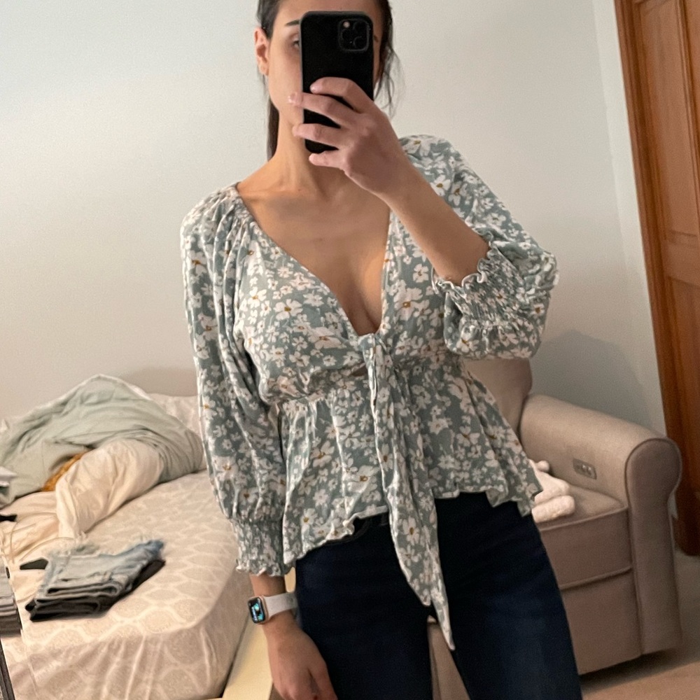 Floral front tie blouse